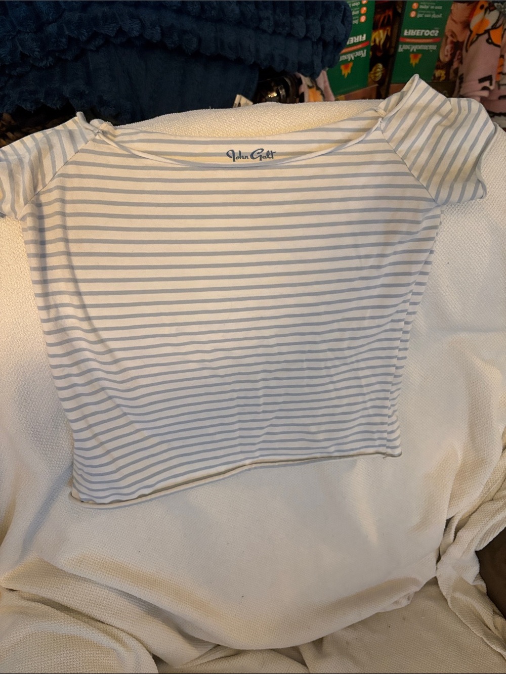 John Galt White and Light Blue Striped Crop Top OS